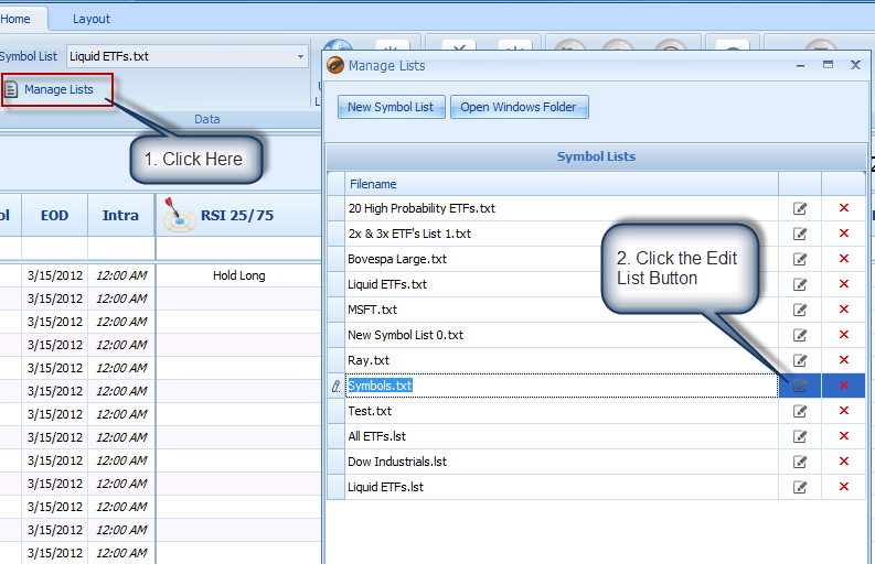 Use the 'Edit Symbols' button to add symbols to an existing list