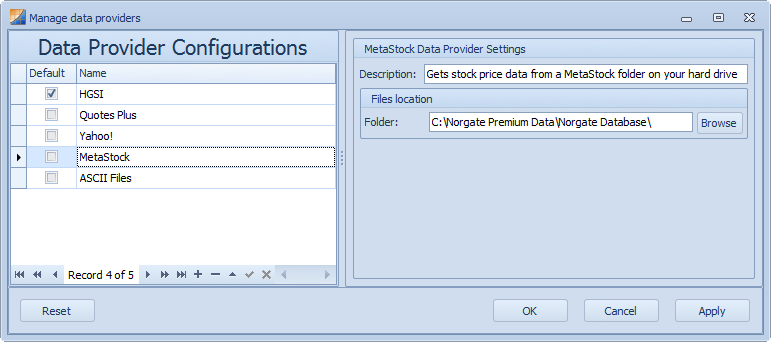 Configuring the MetaStock provider to point to the Norgate Data